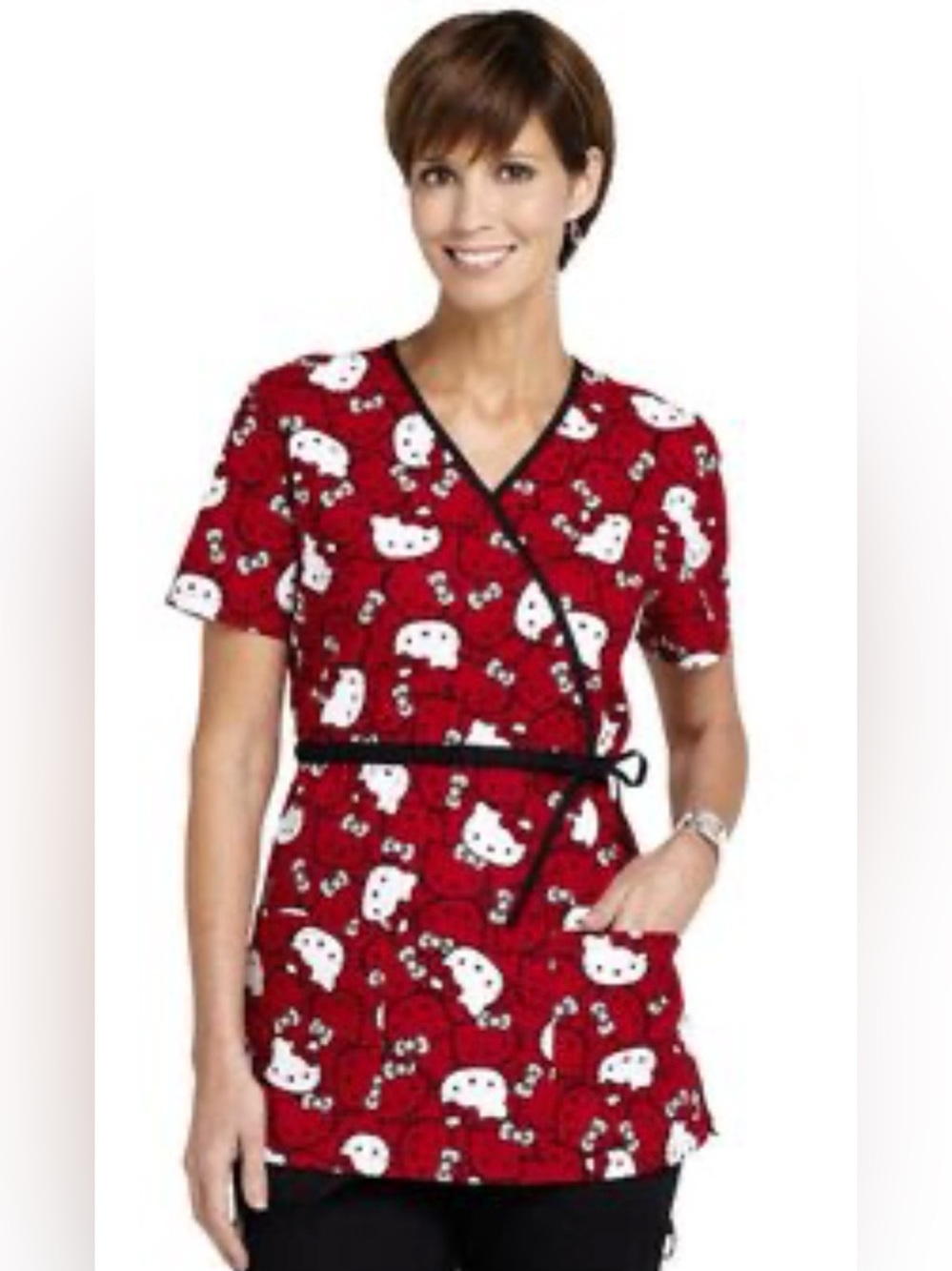 Hello Kitty red wrap-style scrub top short sleeve elastic waist size S